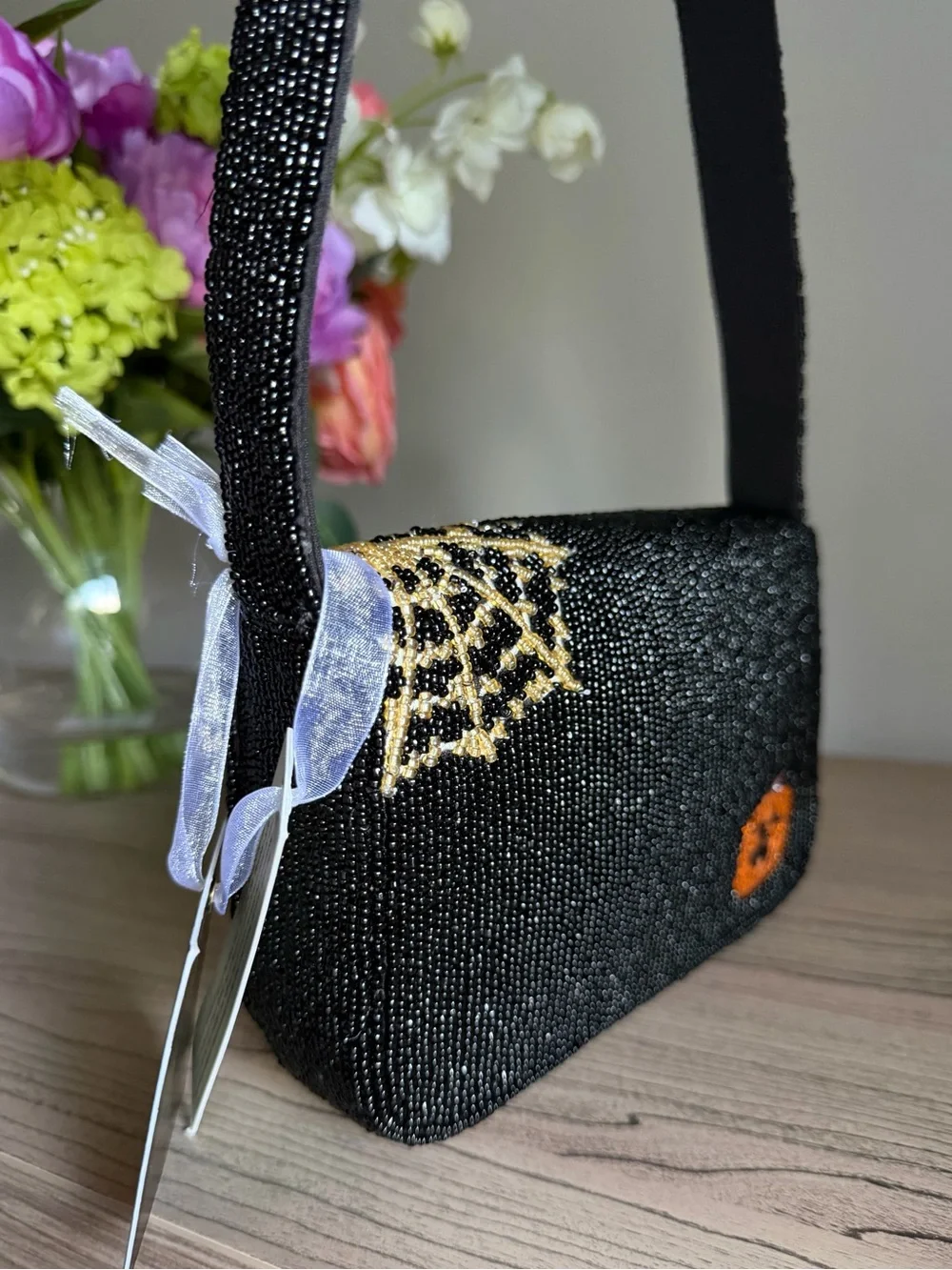 Made in India Halloween Daschund ghost web puppy Costume Beaded Shoulder Bag